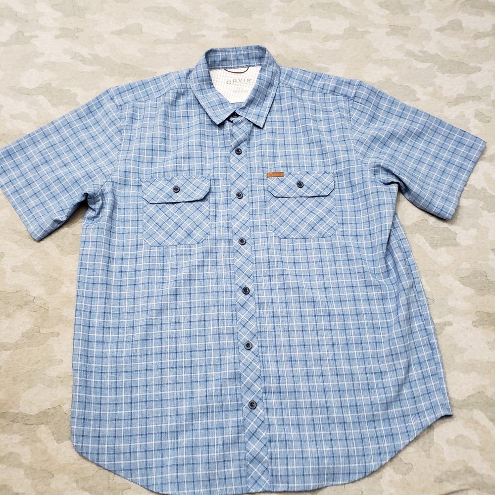 Orvis Shirt Mens Large Blue Plaid Hiking Casual Outdoor Short Sleeve Button-Up